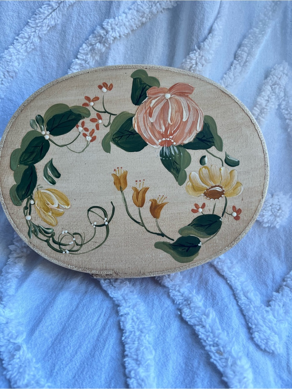 Tole-Painted Floral Wooden Trinket Box - Peach & Yellow